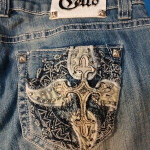 CELLO Bootcut Jean Denim Light wash Sz 9 x 34 Embellished Embroidered Sanding